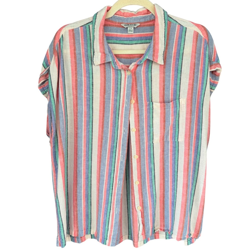 C2 Orvis Shirt Linen Blend Striped Short Sleeve Relaxed Coastal‎ Color Top L